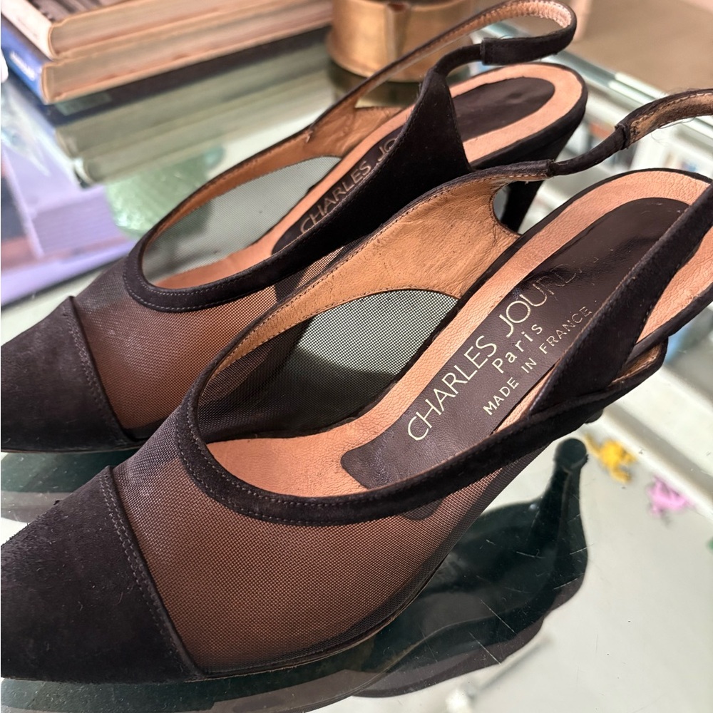 Charles Jourdan Black Mesh Slingback Heels